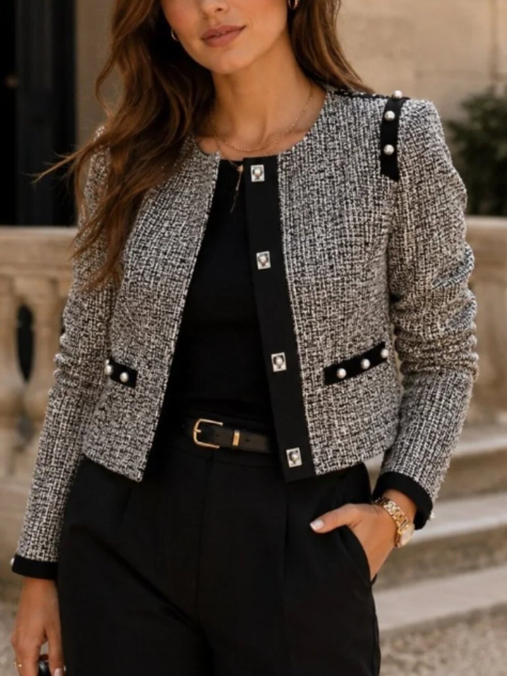 Adelyn Rae Black White Tweed Cropped Blazer Pearl Trim Jacket S
